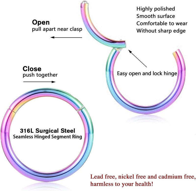 FUNLMO Store 316L Surgical Steel Hinged Segment Nose Ring Hoop for Nose Septum Cartilage Helix Tragus Conch Rook Daith Lobe Lip Piercings 1 Pc - Image 2